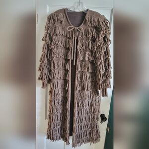 1970s VINTAGE Brown Knit Fringe Long Cardigan Sweater